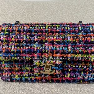 Authentic CHANEL Tweed Quilted Mini Rectangular Flap Navy Blue Multicolour